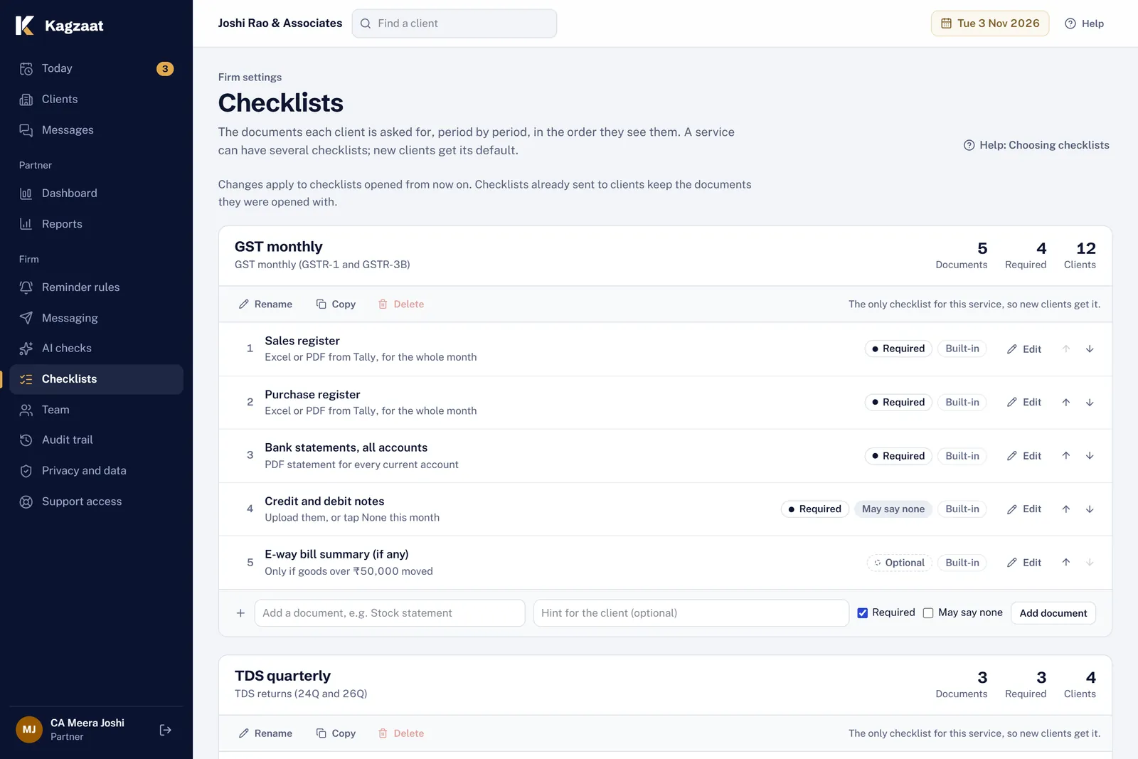 The checklists settings page: the documents asked for each service, each marked required or may say none, with hints for the client.
