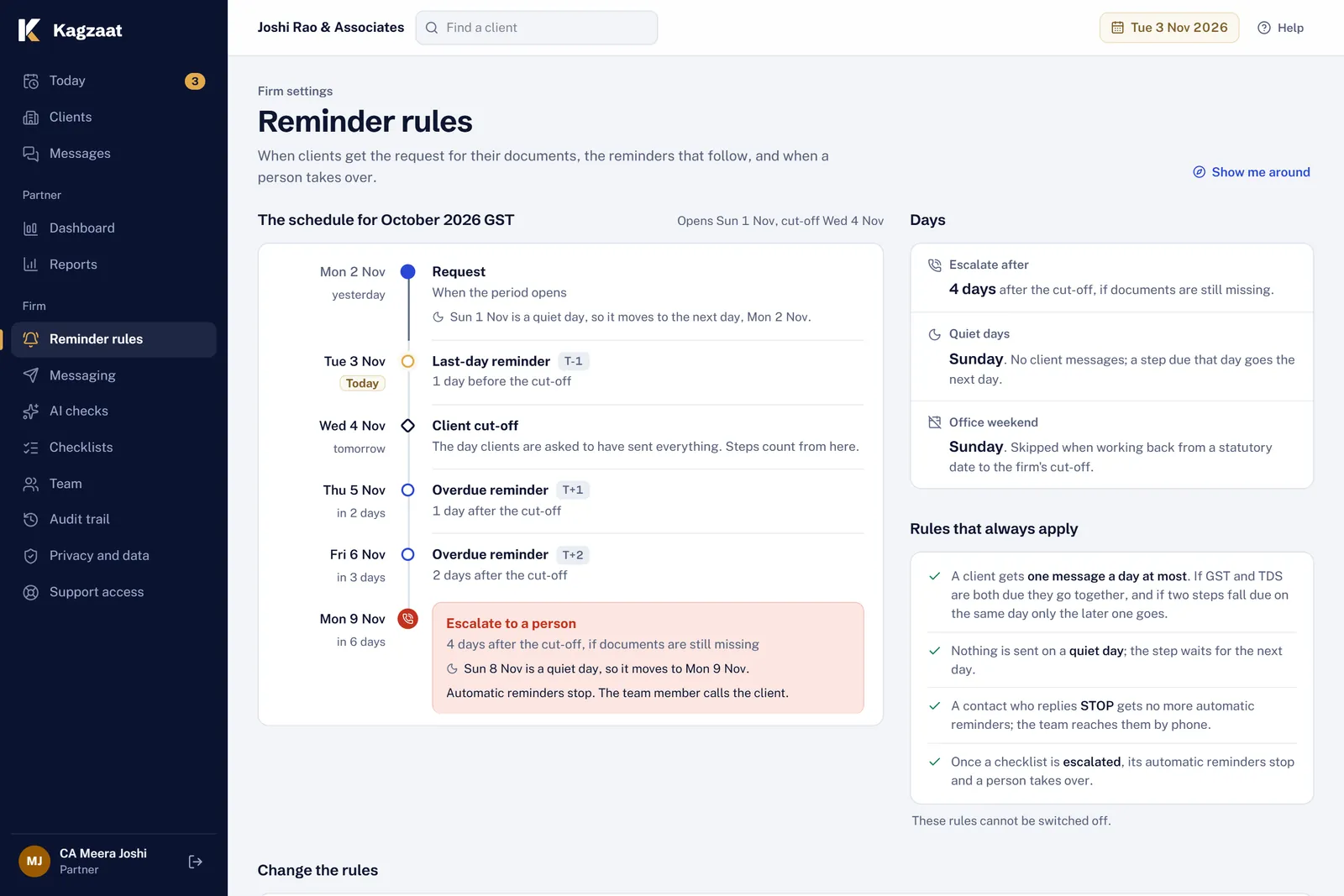 The reminder rules page: the October GST schedule from the request through the last-day reminder, the cut-off and two overdue reminders to escalation, with Sunday as the quiet day and the rules that always apply.